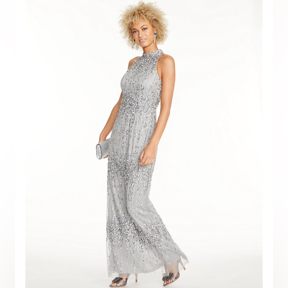 ADRIANNA PAPELL Beaded Halter Column Gown